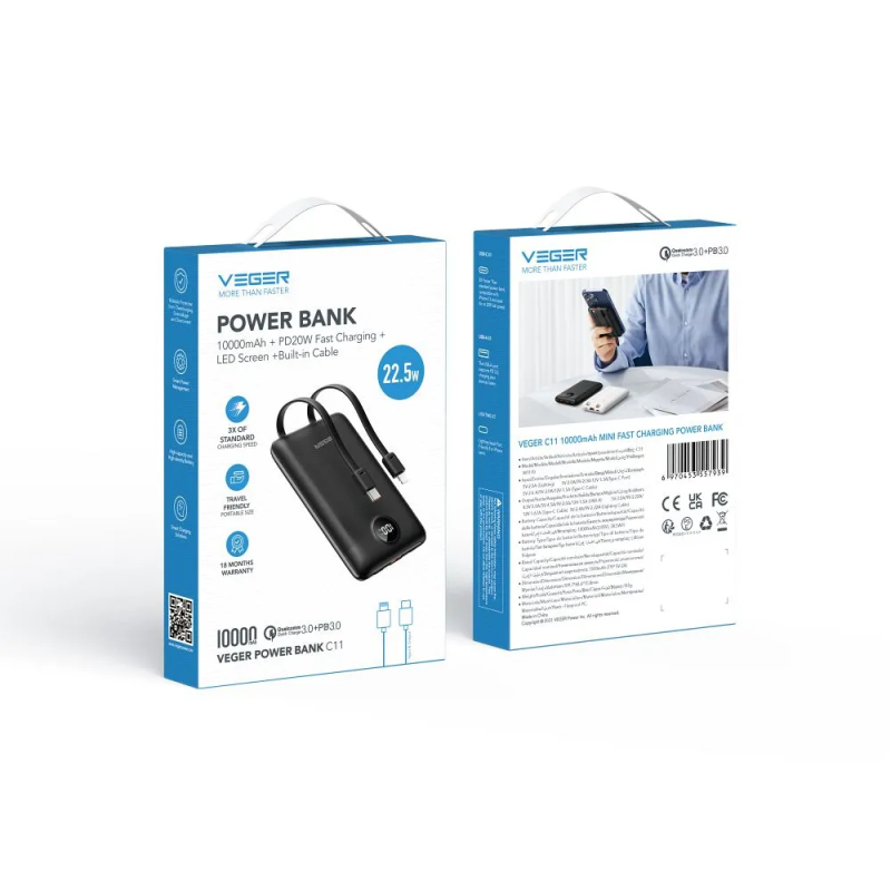 Зовнішній акумулятор VEGER 10000 mAh with built-in cables Type C / Lightning PD QC3.0 2A 22,5W C11 (W1170) black