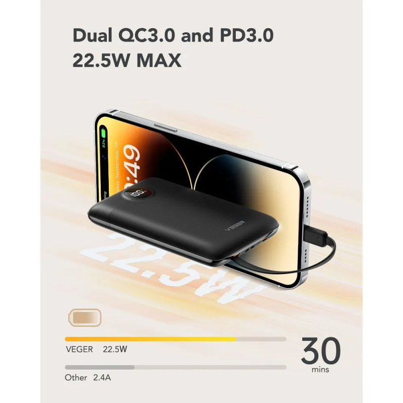 Зовнішній акумулятор VEGER 10000 mAh with built-in cables Type C / Lightning PD QC3.0 2A 22,5W C11 (W1170) black