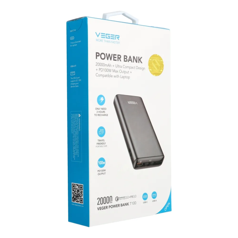 Зовнішній акумулятор VEGER 20000 mAh PD QC3.0 5A 100W T100 (W2032C-100) black