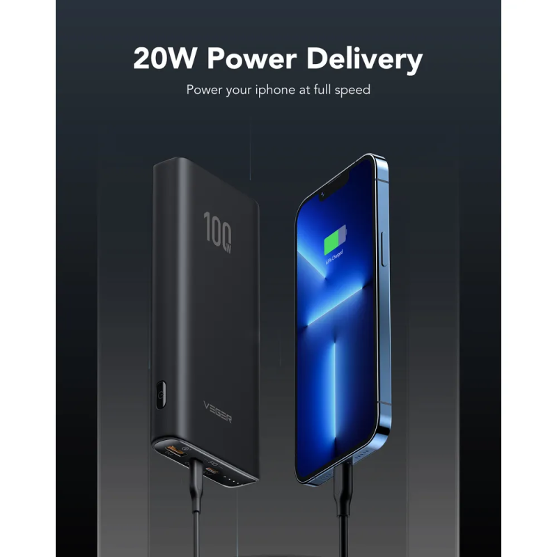 Зовнішній акумулятор VEGER 20000 mAh PD QC3.0 5A 100W T100 (W2032C-100) black