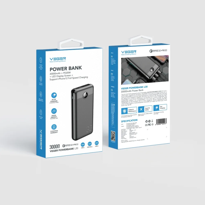 Зовнішній акумулятор VEGER 30000 mAh PD QC3.0 3A 20W L30 (W3008PD) black