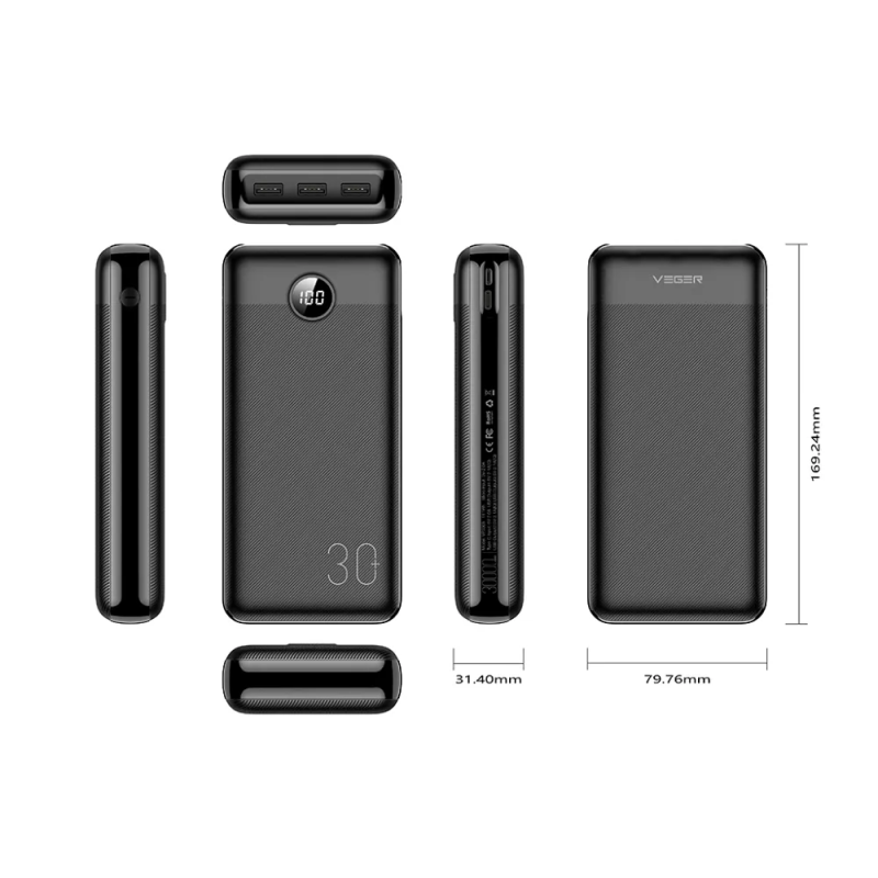 Зовнішній акумулятор VEGER 30000 mAh PD QC3.0 3A 20W L30 (W3008PD) black