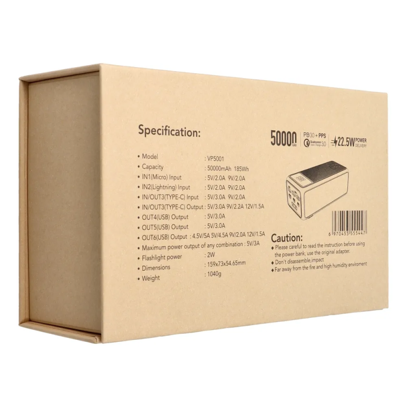 Зовнішній акумулятор VEGER 50000mAh 185Wh 3.7V With Built-in LED Flash