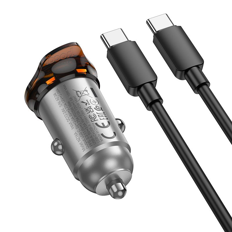 Автомобільний зарядний пристрій HOCO NZ16A Rigorous 43W dual port PD25W+QC3.0 car charger set(C to C) Metal Grey