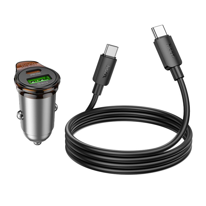Автомобільний зарядний пристрій HOCO NZ16A Rigorous 43W dual port PD25W+QC3.0 car charger set(C to C) Metal Grey