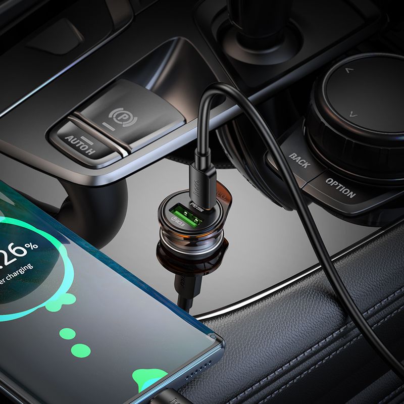 Автомобільний зарядний пристрій HOCO NZ16A Rigorous 43W dual port PD25W+QC3.0 car charger set(C to C) Metal Grey