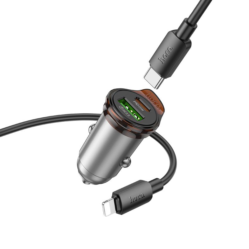 Автомобільний зарядний пристрій HOCO NZ16A Rigorous 43W dual port PD25W+QC3.0 car charger set(C to iP) Metal Grey