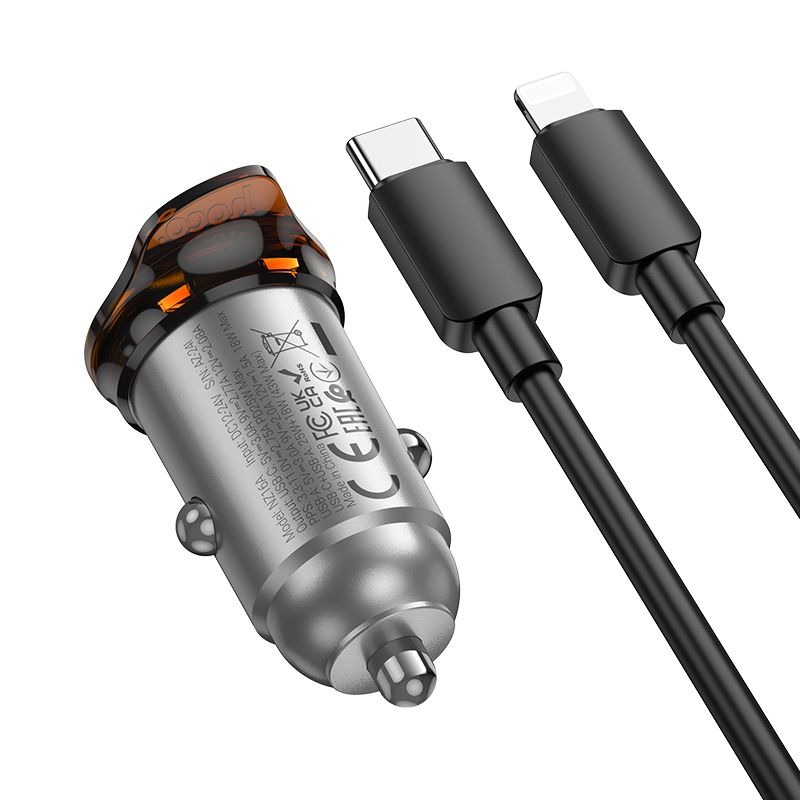 Автомобільний зарядний пристрій HOCO NZ16A Rigorous 43W dual port PD25W+QC3.0 car charger set(C to iP) Metal Grey