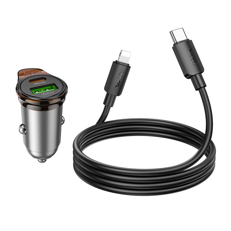 Автомобільний зарядний пристрій HOCO NZ16A Rigorous 43W dual port PD25W+QC3.0 car charger set(C to iP) Metal Grey