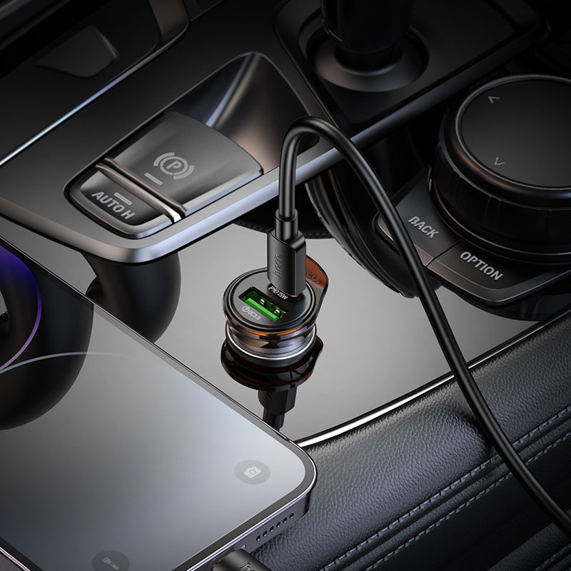 Автомобільний зарядний пристрій HOCO NZ16A Rigorous 43W dual port PD25W+QC3.0 car charger set(C to iP) Metal Grey