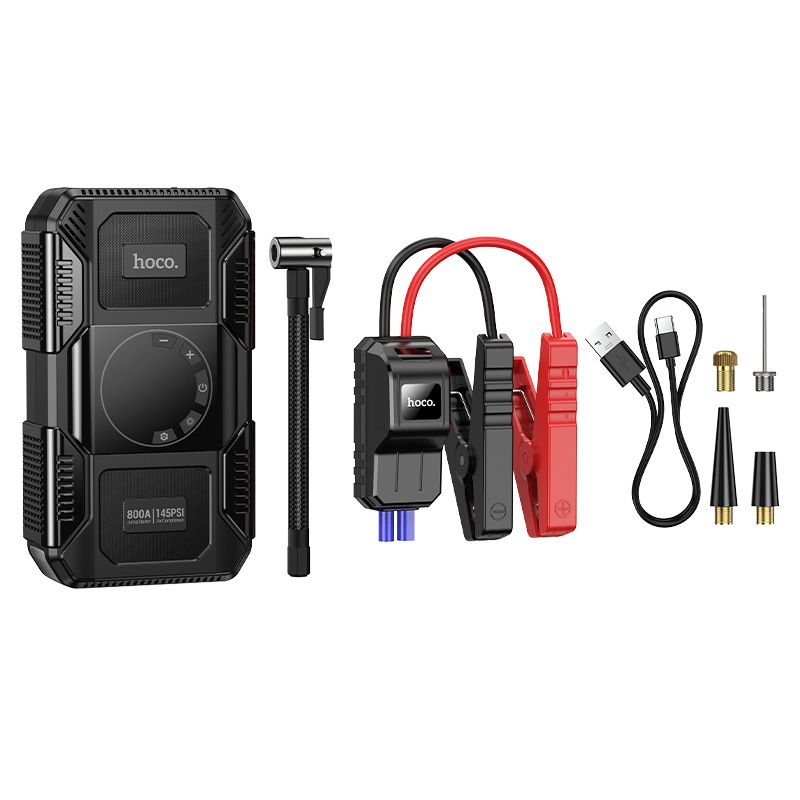 Автомобільний пуско-зарядний пристрій з насосом HOCO QS6 Clever Intelligent air pump+emergency start-up power bank(8000mAh) Black