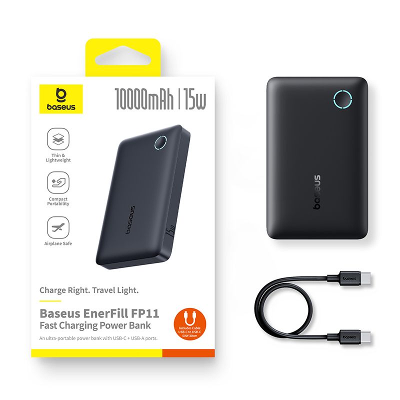 Зовнішній акумулятор Baseus EnerFill FP11 Power Bank 10000mAh 15W Cosmic Black (Includes Simple Type-C to Type-C Cable 20V/3A 30cm Black)