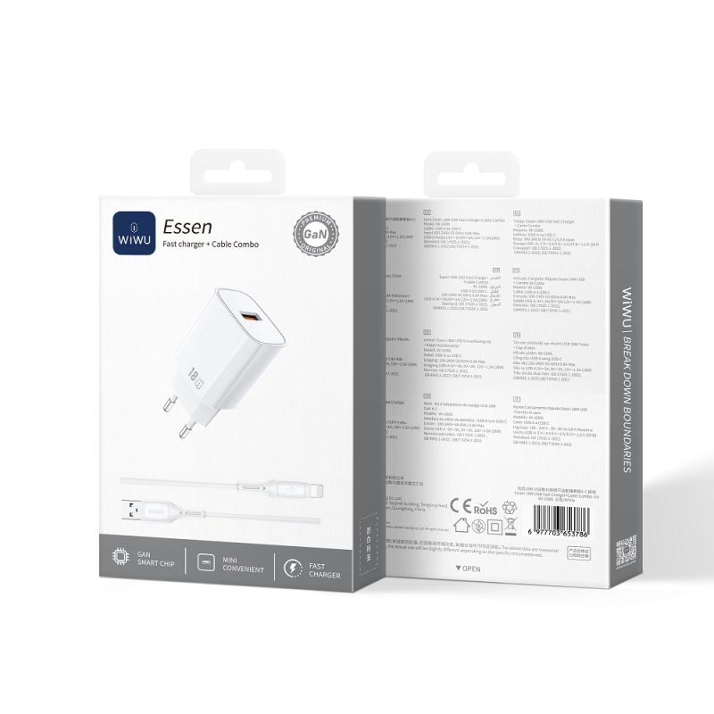 Мережевий зарядний пристрій WIWU 18W Essen GaN Fast Charger + Cable Combo Wi-G006 A-L EU White