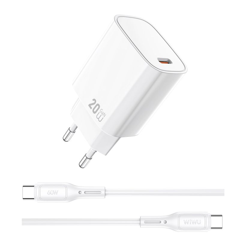 Мережевий зарядний пристрій WIWU 20W Essen GaN Fast Charger+ Cable Combo Wi-G007 C-C EU White