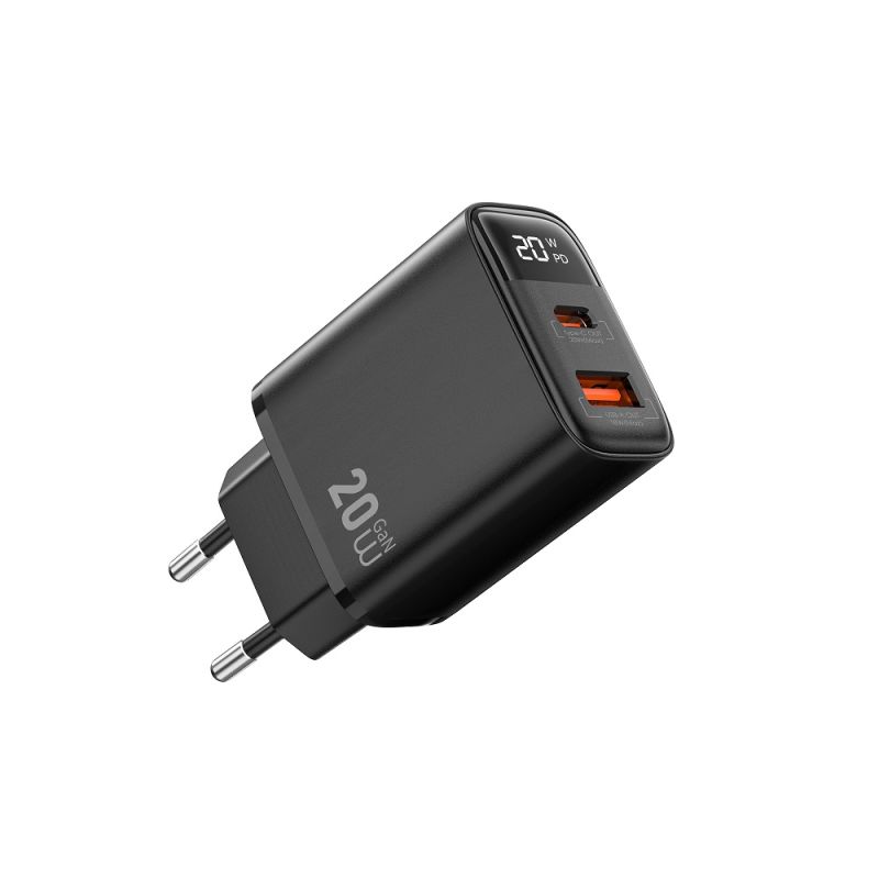 Мережевий зарядний пристрій WIWU 20W Firefly GaN Fast Charger 1A+1C with digital display Wi-G009 EU Black