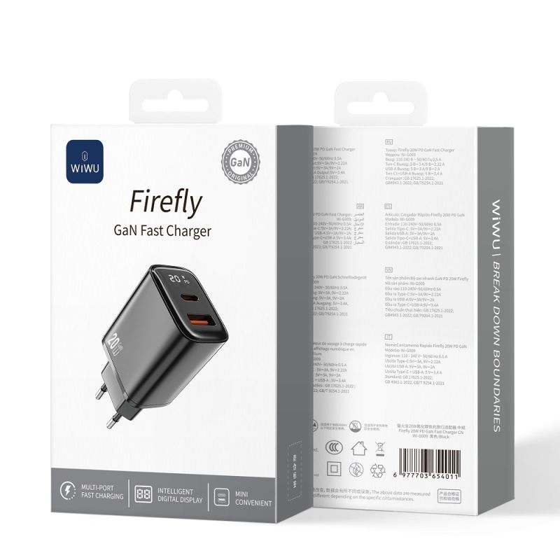 Мережевий зарядний пристрій WIWU 20W Firefly GaN Fast Charger 1A+1C with digital display Wi-G009 EU Black