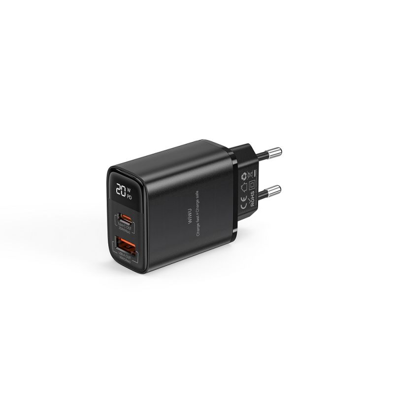 Мережевий зарядний пристрій WIWU 20W Firefly GaN Fast Charger 1A+1C with digital display Wi-G009 EU Black