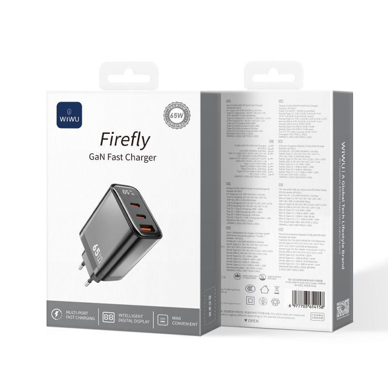 Мережевий зарядний пристрій WIWU 65W Firefly GaN Fast Charger 2C+1A Wi-G012 EU Grey
