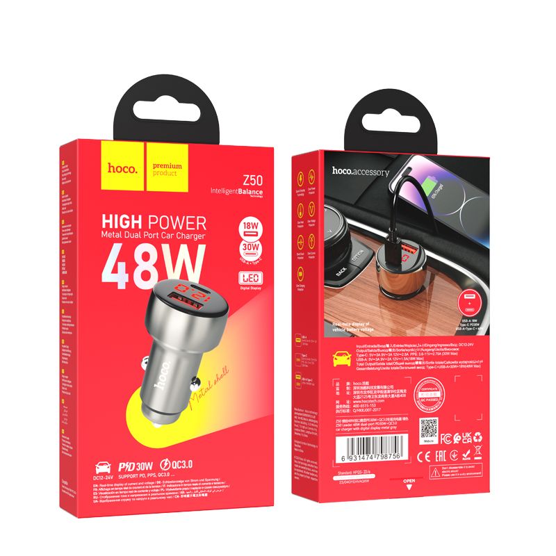 Автомобільний зарядний пристрій HOCO Z50 Leader 48W dual-port PD30W+QC3.0 car charger with digital display Metal Grey