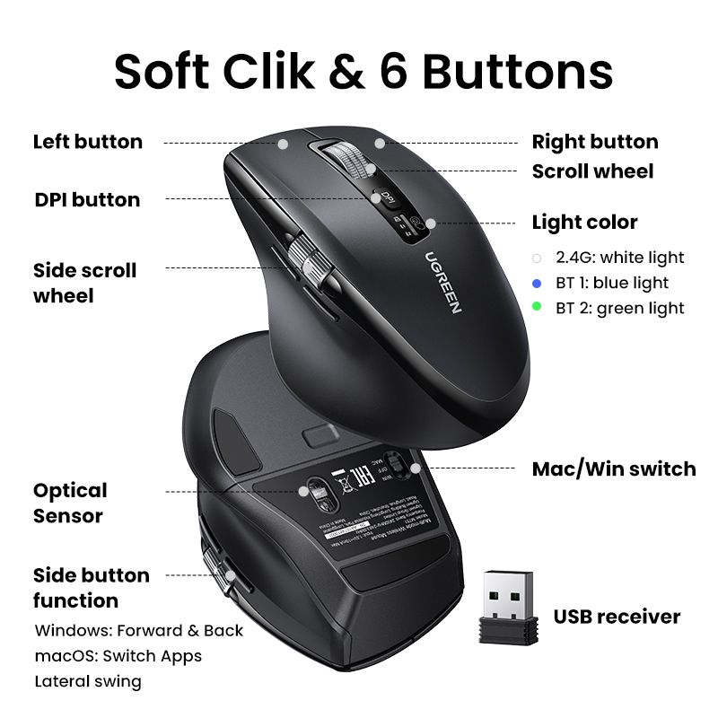 Маніпулятор миша бездротова UGREEN M751 Multi-mode Wireless Mouse Black