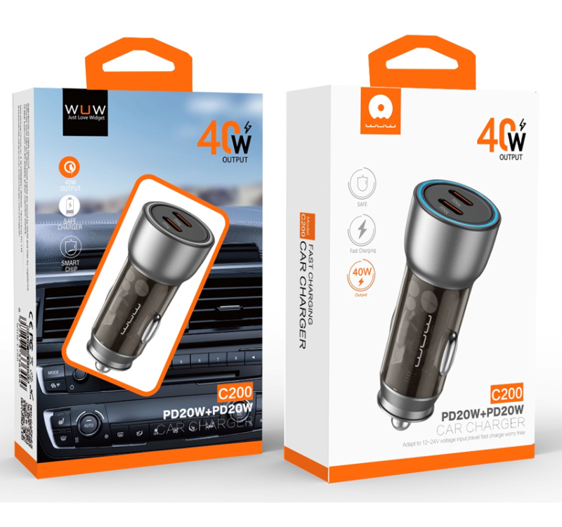 Автомобільний зарядний пристрій WUW-C200 PD 20W +PD 20W black