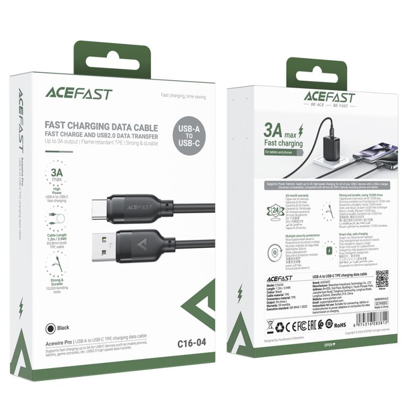 Кабель ACEFAST C16-04, USB to Type-C, 3A, 1.2m ,TPE, TPU connectors, Black