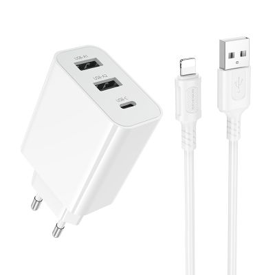 Мережевий зарядний пристрій з кабелем BOROFONE BA105A Stellar three-port charger set (iP) (EU) White