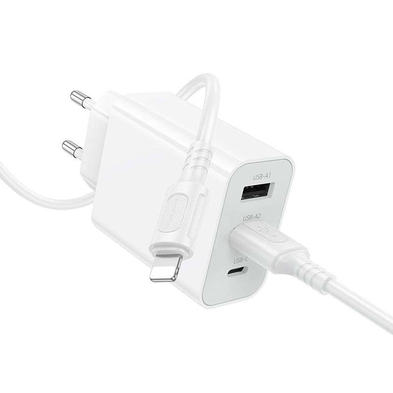 Мережевий зарядний пристрій з кабелем BOROFONE BA105A Stellar three-port charger set (iP) (EU) White