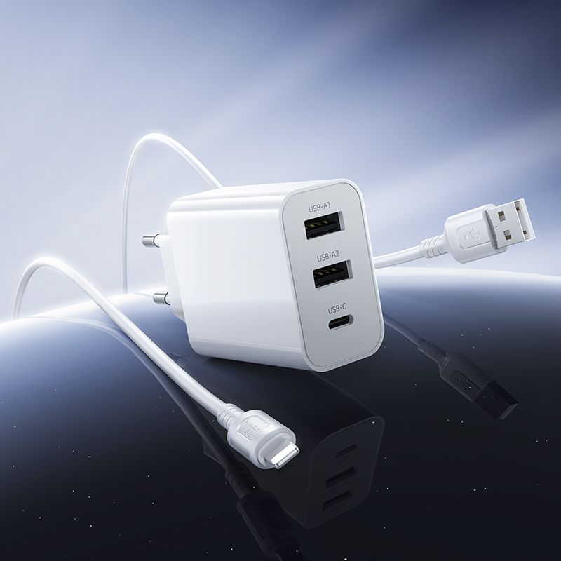 Мережевий зарядний пристрій з кабелем BOROFONE BA105A Stellar three-port charger set (iP) (EU) White