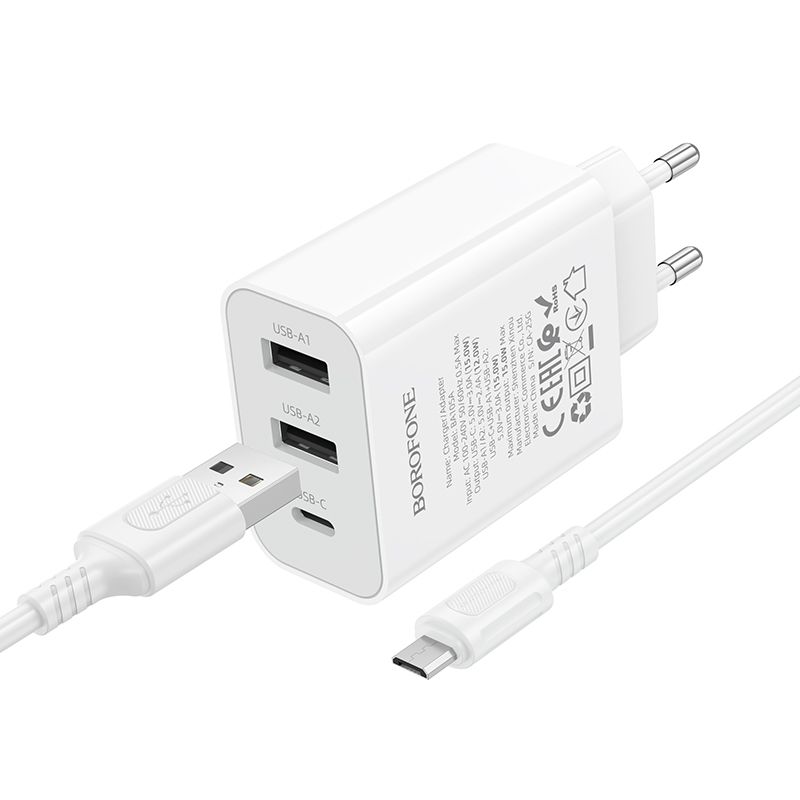 Мережевий зарядний пристрій з кабелем BOROFONE BA105A Stellar three-port charger set (Micro) (EU) White
