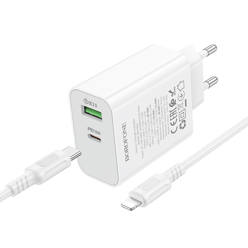 Мережевий зарядний пристрій з кабелем BOROFONE BA106A Stellar PD20W+QC3.0 charger set (C to iP) (EU) White