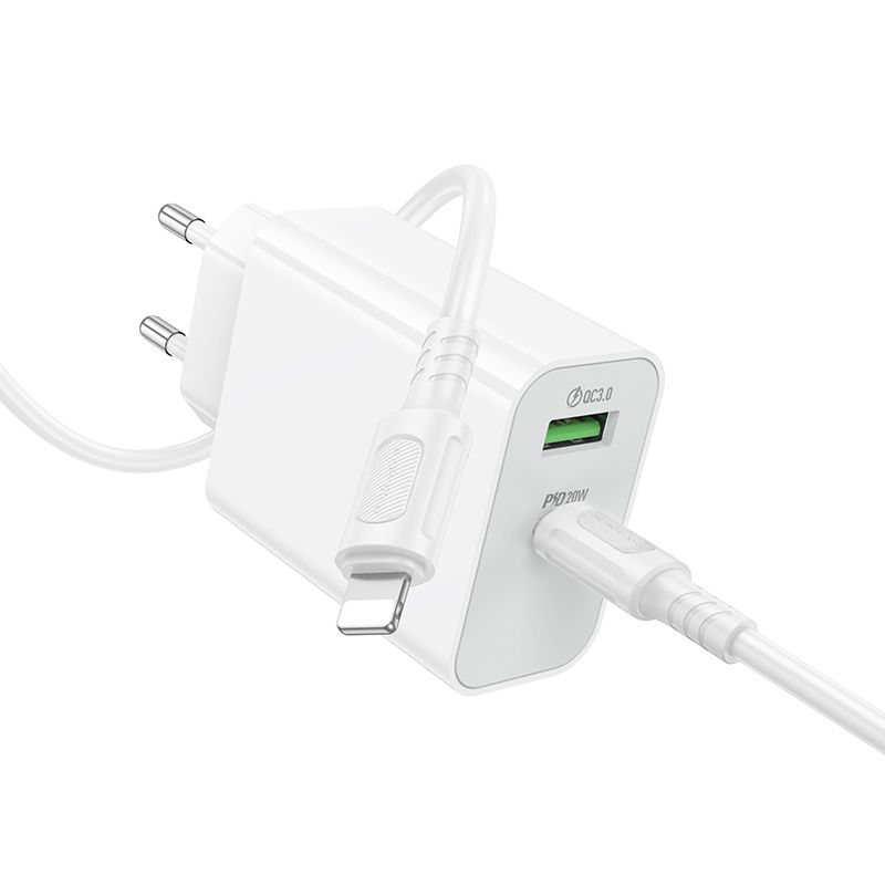 Мережевий зарядний пристрій з кабелем BOROFONE BA106A Stellar PD20W+QC3.0 charger set (C to iP) (EU) White