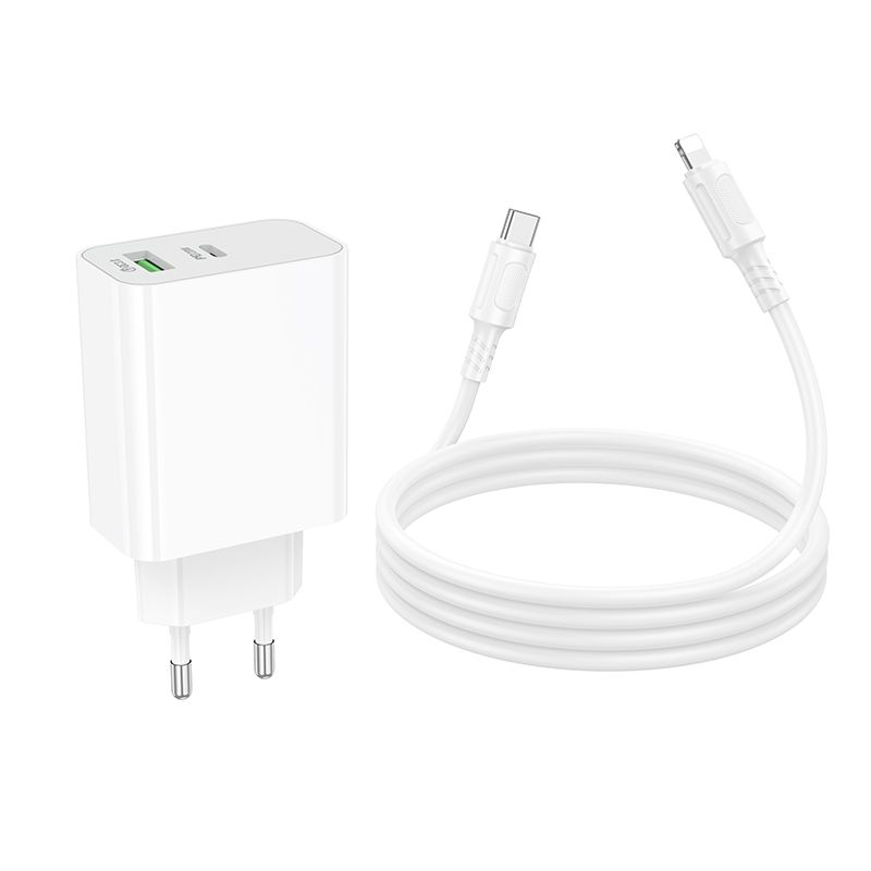 Мережевий зарядний пристрій з кабелем BOROFONE BA106A Stellar PD20W+QC3.0 charger set (C to iP) (EU) White