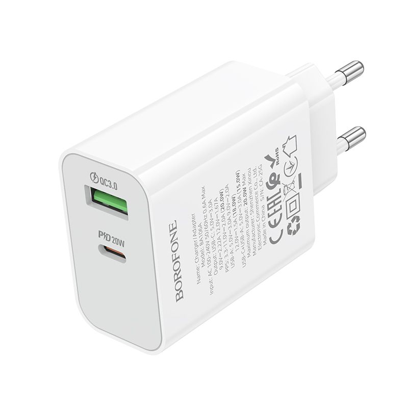 Мережевий зарядний пристрій BOROFONE BA106A Stellar PD20W+QC3.0 charger (EU) White