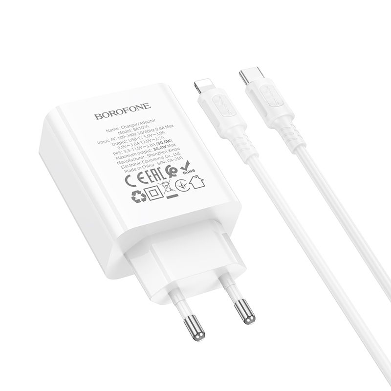Мережевий зарядний пристрій BOROFONE BA107A Stellar single port PD30W charger set (C to iP) (EU) White