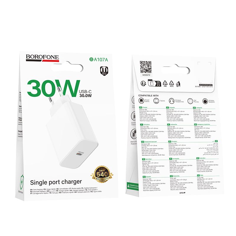 Мережевий зарядний пристрій BOROFONE BA107A Stellar single port PD30W charger (EU) White