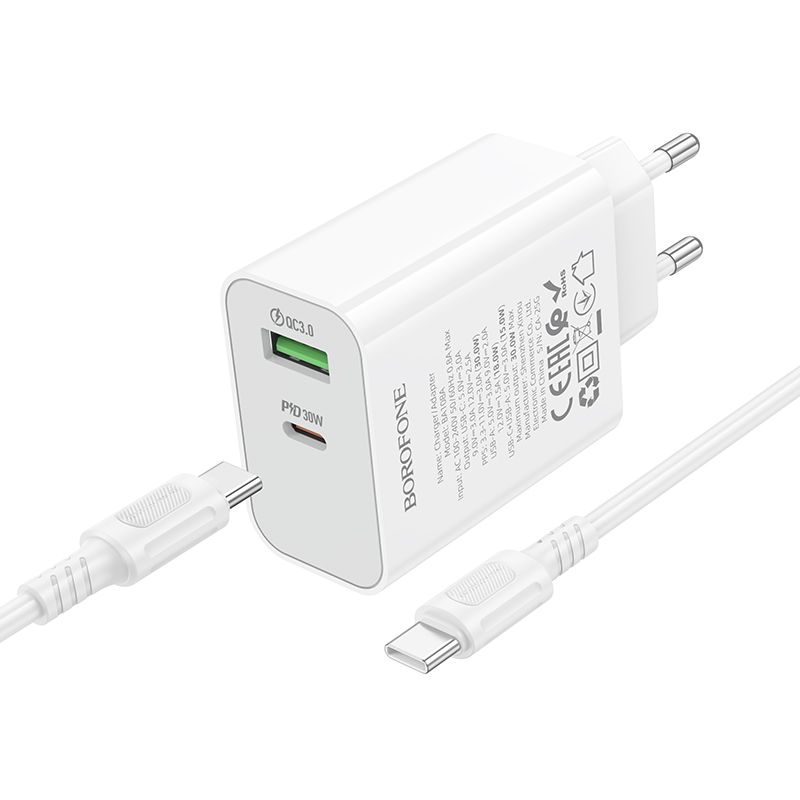 Мережевий зарядний пристрій BOROFONE BA108A Stellar PD30W+QC3.0 charger set (C to C) (EU) White