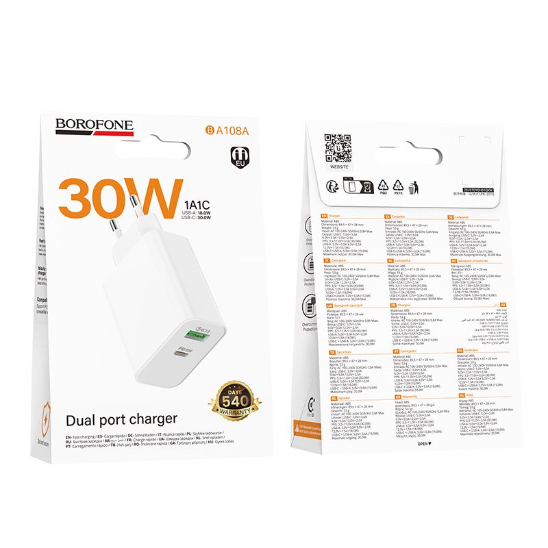 Мережевий зарядний пристрій BOROFONE BA108A Stellar PD30W+QC3.0 charger (EU) White