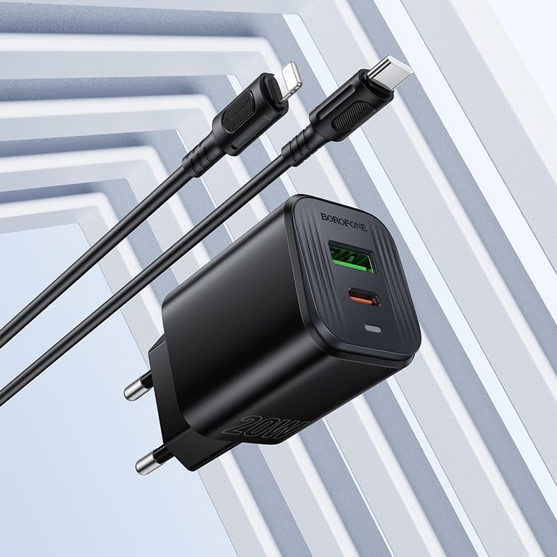 Мережевий зарядний пристрій з кабелем BOROFONE BAS83A Star PD20W+QC3.0 charger set (C to iP) (EU) Black