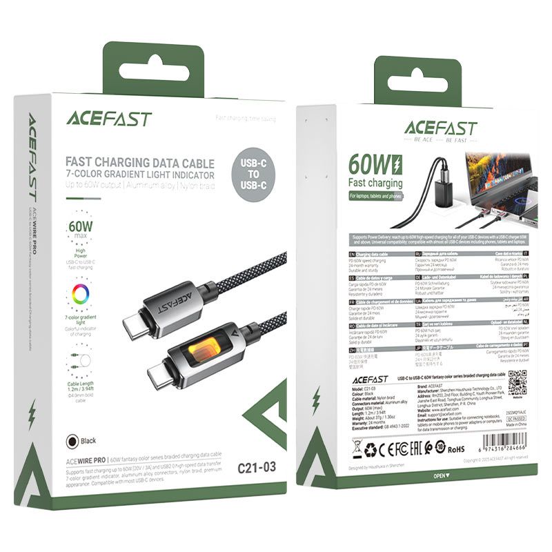 Кабель ACEFAST C21-03, Type-C to Type-C, 60W, 1.2m, Nylon, Aluminum Alloy connectors, Black