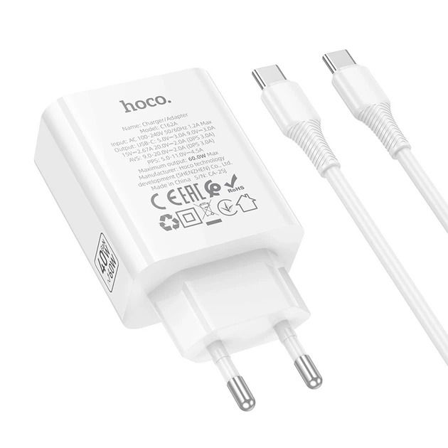 Мережевий зарядний пристрій HOCO C162A Source single port PD40W charger set(C to C) White
