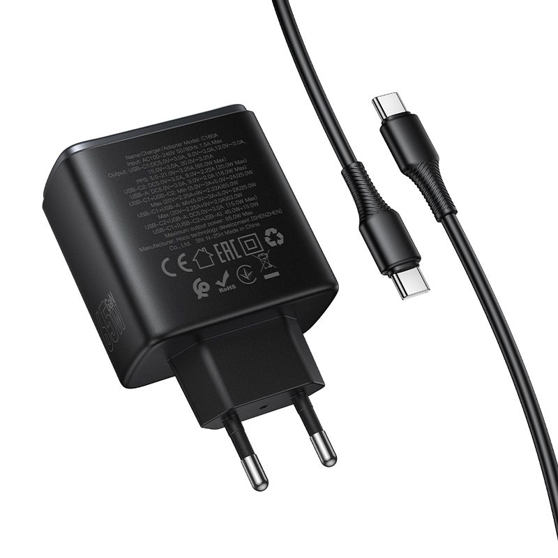 Мережевий зарядний пристрій HOCO C160A Upgrade PD65W(2C1A) charger set(C to C) Black