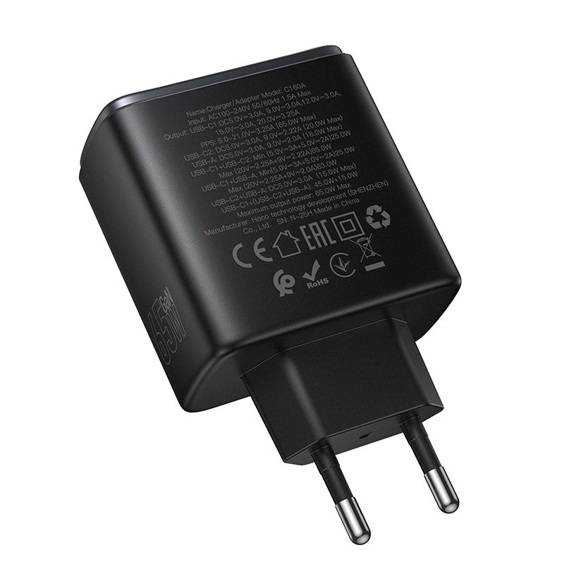 Мережевий зарядний пристрій HOCO C160A Upgrade PD65W(2C1A) charger Black