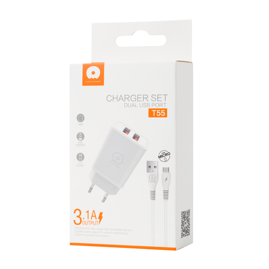 Мережевий зарядний пристрій з кабелем WUW-T55 2USB/3.1A set micro
