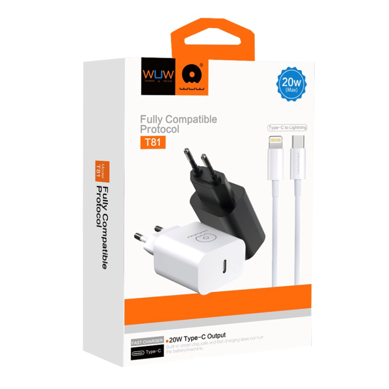 Мережевий зарядний пристрій WUW-T81L PD 20W USB C fast charger +USB C to Lightning cable kit