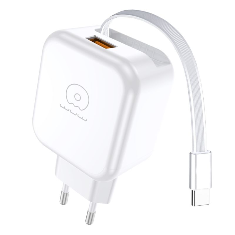 Мережевий зарядний пристрій WUW-C268 12W fast charger USB A +retractable 70cm type c Cable