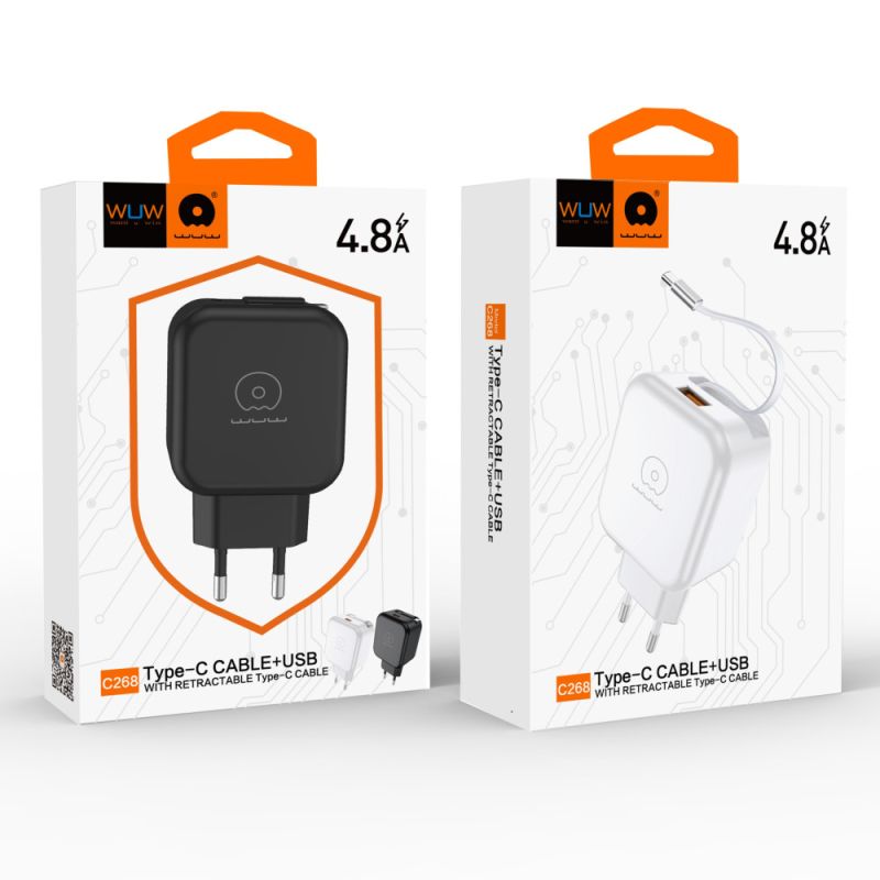 Мережевий зарядний пристрій WUW-C268 12W fast charger USB A +retractable 70cm type c Cable