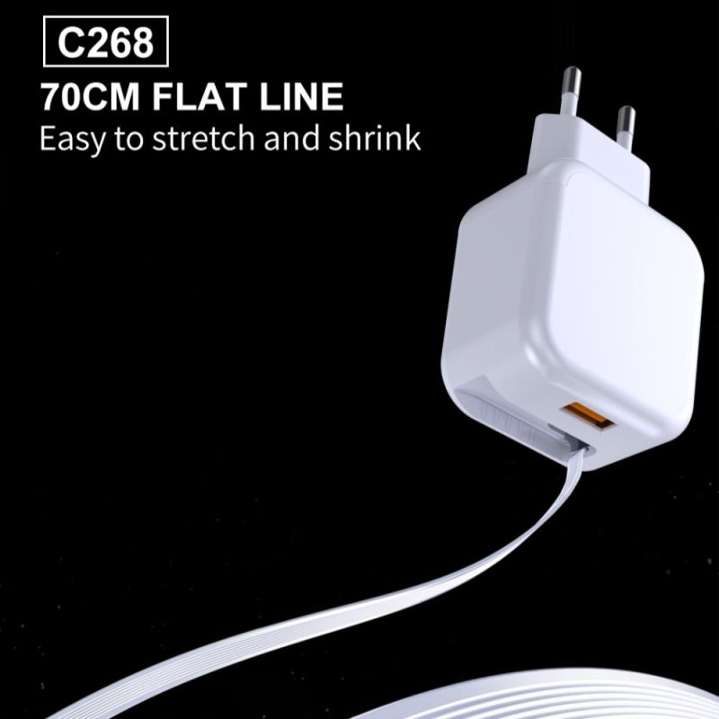 Мережевий зарядний пристрій WUW-C268 12W fast charger USB A +retractable 70cm type c Cable