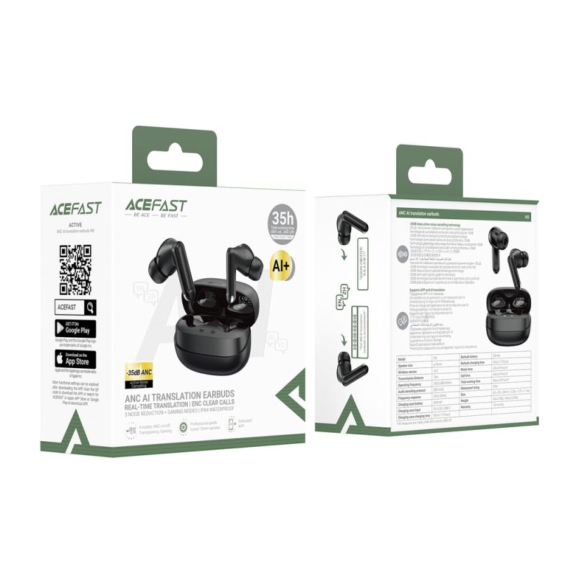 Бездротові навушники TWS ACEFAST W8 AI translation, ANC+ENC, IPX4, Black