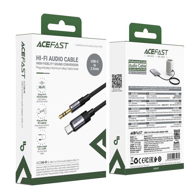 Аудіокабель ACEFAST J11 Type-C to 3.5mm male, nylon braid, 1m, Black